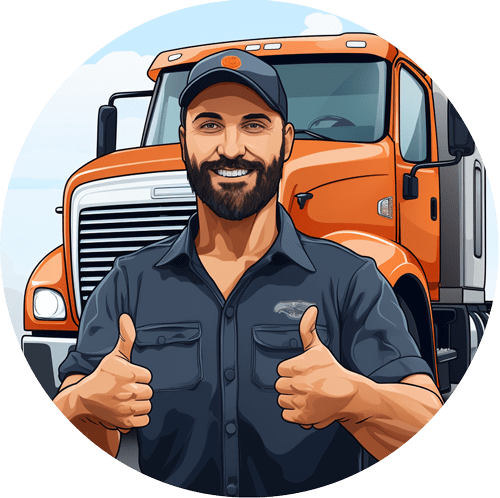 A man giving two thumbs up in front of an orange truck.