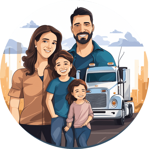 A cartoon picture of a family with a truck.