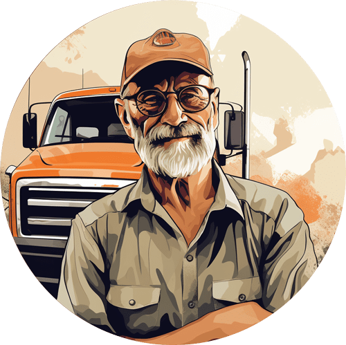 A man with beard and glasses standing in front of a truck.